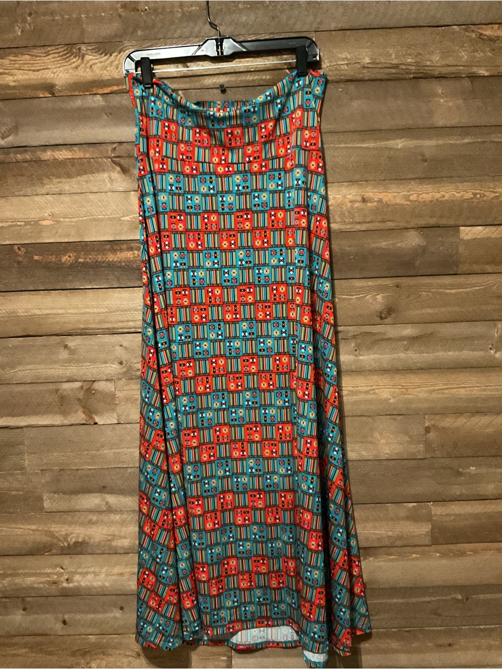 Lularoe Maxi Slinky Skirt Vibrant Red And Aqua Aztec Print Women’s Size Large